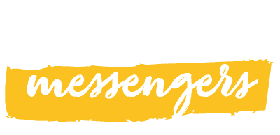 Logo with the text "trusted messengers" in white and yellow, featuring a yellow brushstroke background behind the word "messengers.