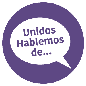 A purple circle with a speech bubble containing the text "Unidos Hablemos de..." in white letters.