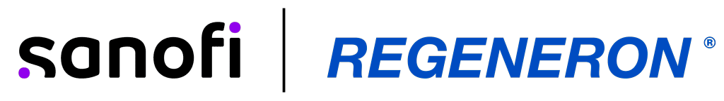 Logos of two companies: Sanofi with black text and a purple dot over the 'i', and Regeneron in blue, uppercase letters. Both logos are separated by a vertical line. The image has a transparent background.